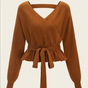 Camel Wrap Ruffle Hem Sweater Top
